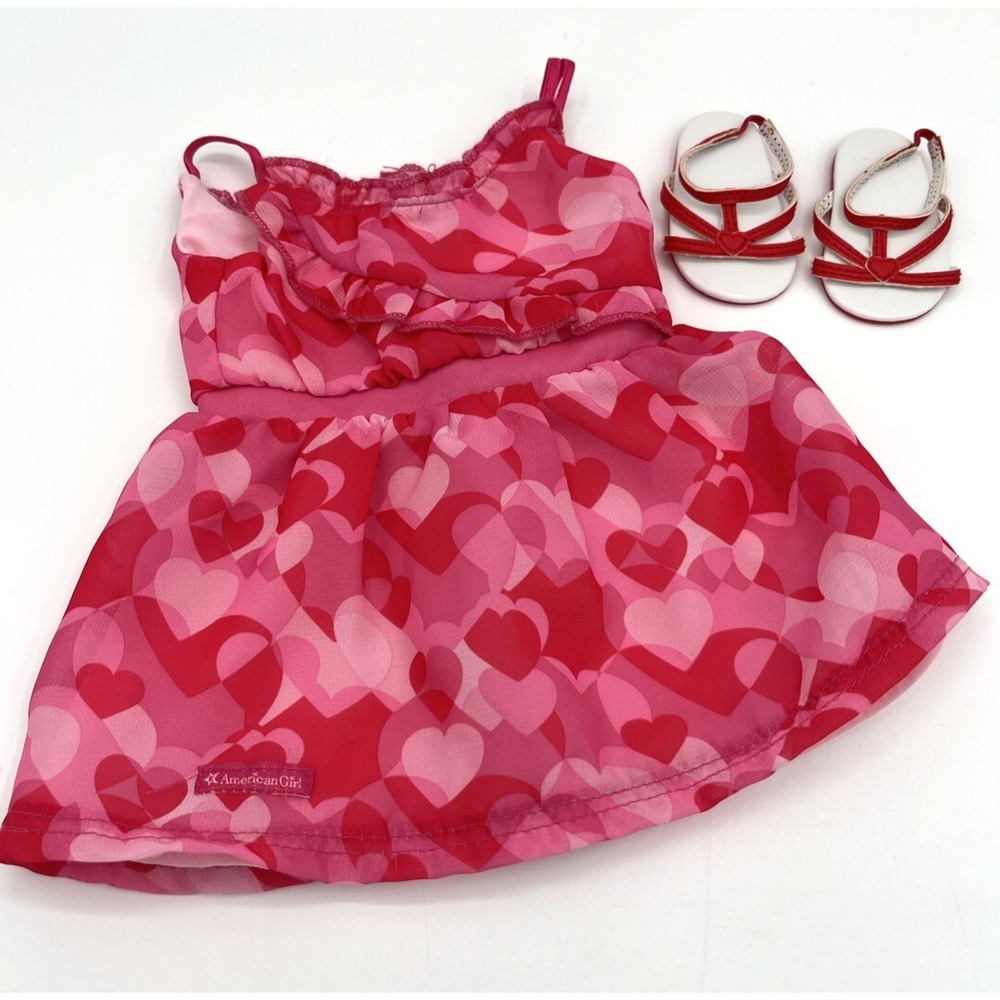 American Girl Doll Valentine Hearts Ruffle Dress Outfit Red Sandals 18" Truly Me